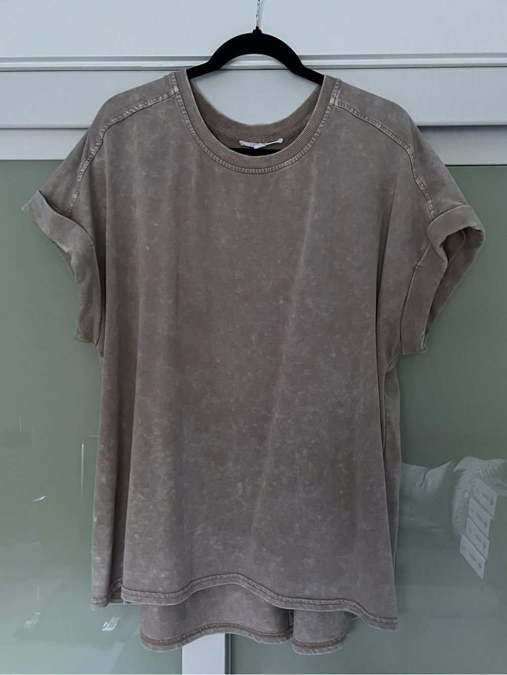 Taupe Short-Sleeve Jersey Style Top with Button Accents